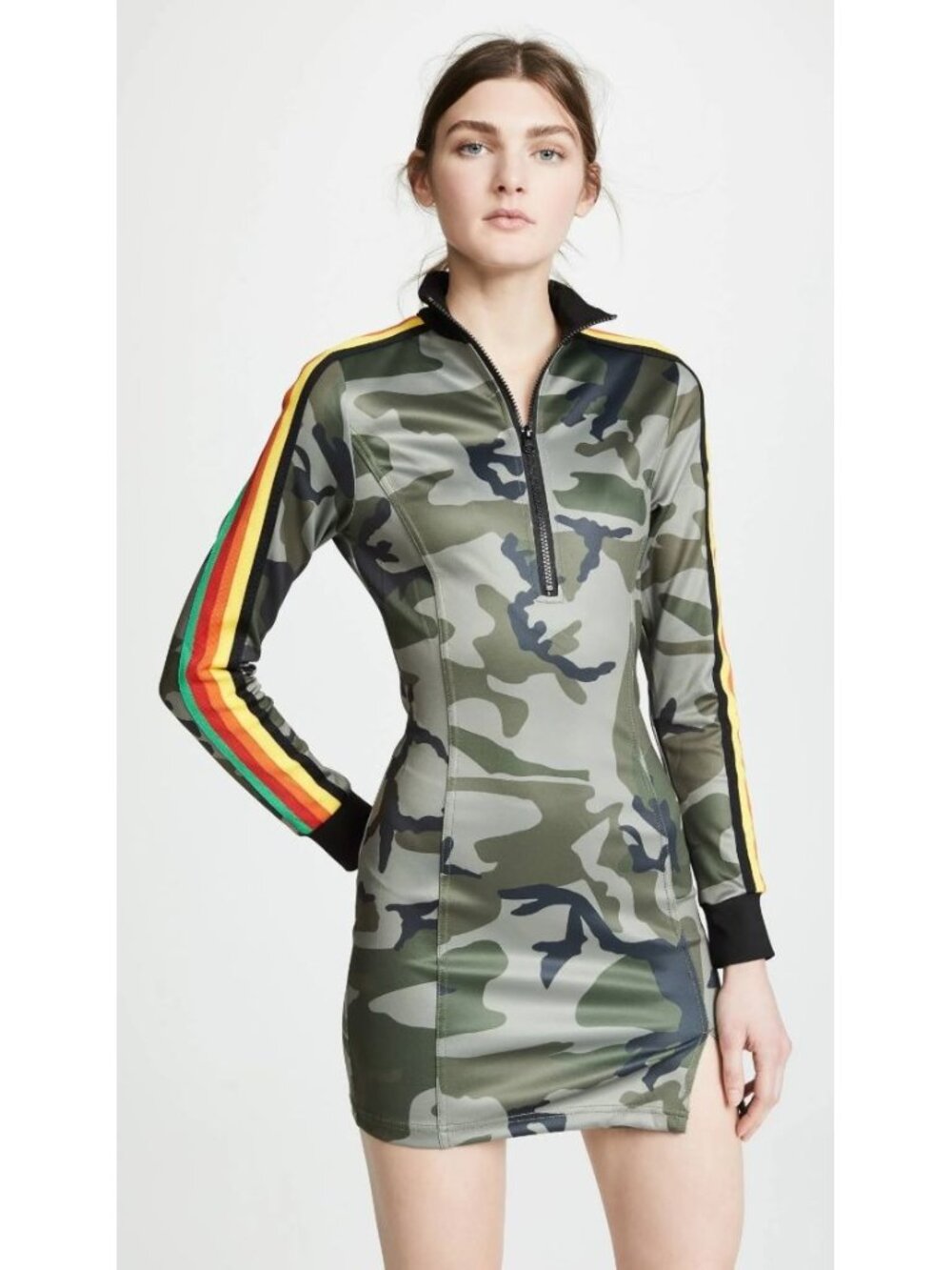 Pam and Gela Camo Track Dress Rainbow Striped Long Sleeve Mini Clay Green Petite
